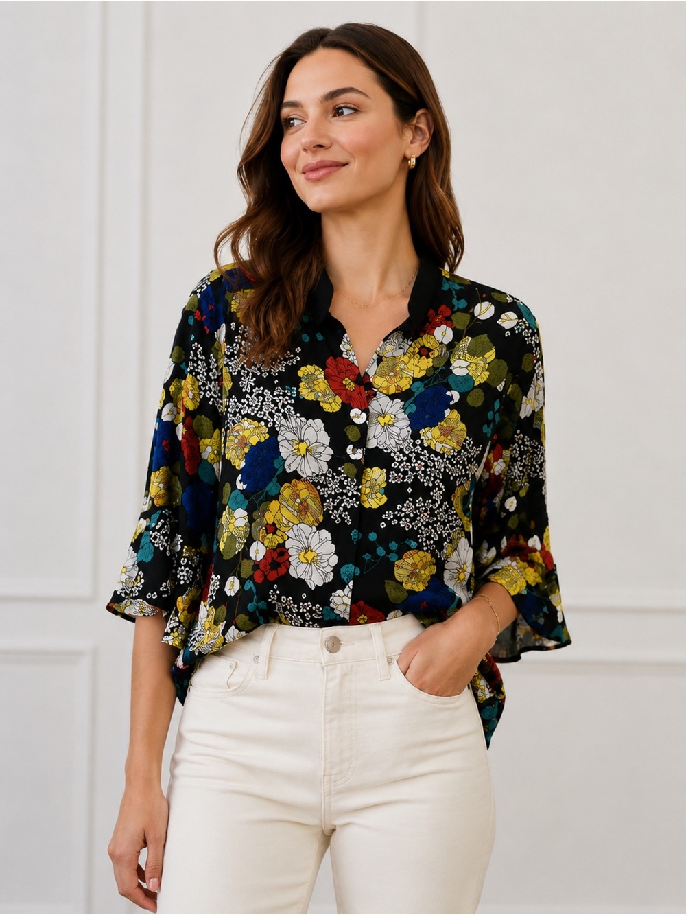 Violet + Claire Floral Blouse L Black Multicolor Button Front Top